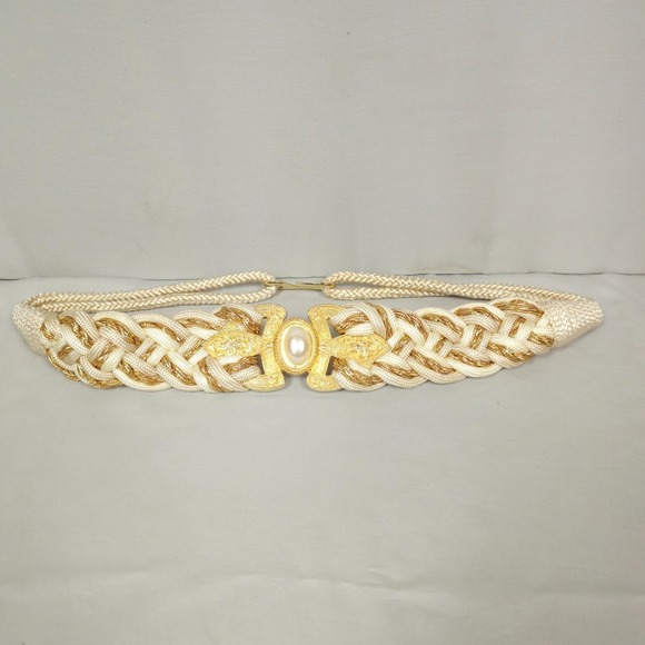 The Unbranded Brand Accessories - Vintage Braided Rope Cinch Belt Women M / L Gold Ivory White Faux Pearl Glam